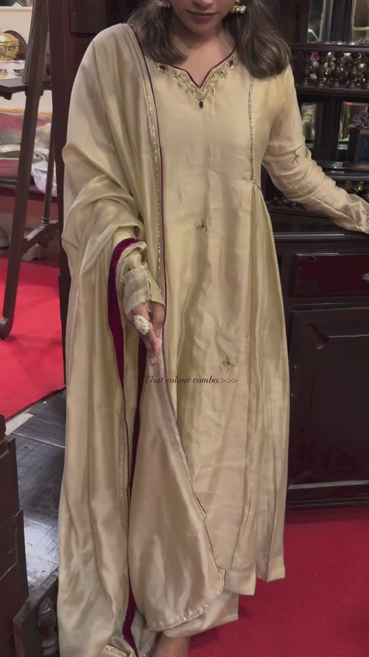 Almond Beige Mul Chanderi Anarkali Set