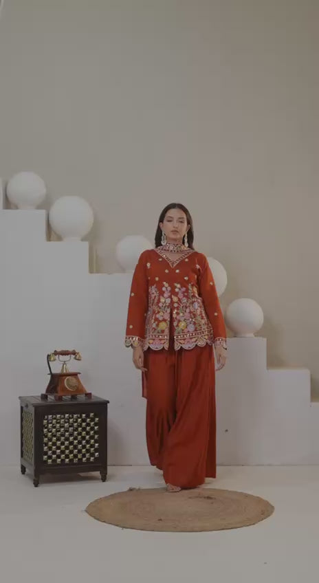 Rust Roman Silk Sequin Sharara Set