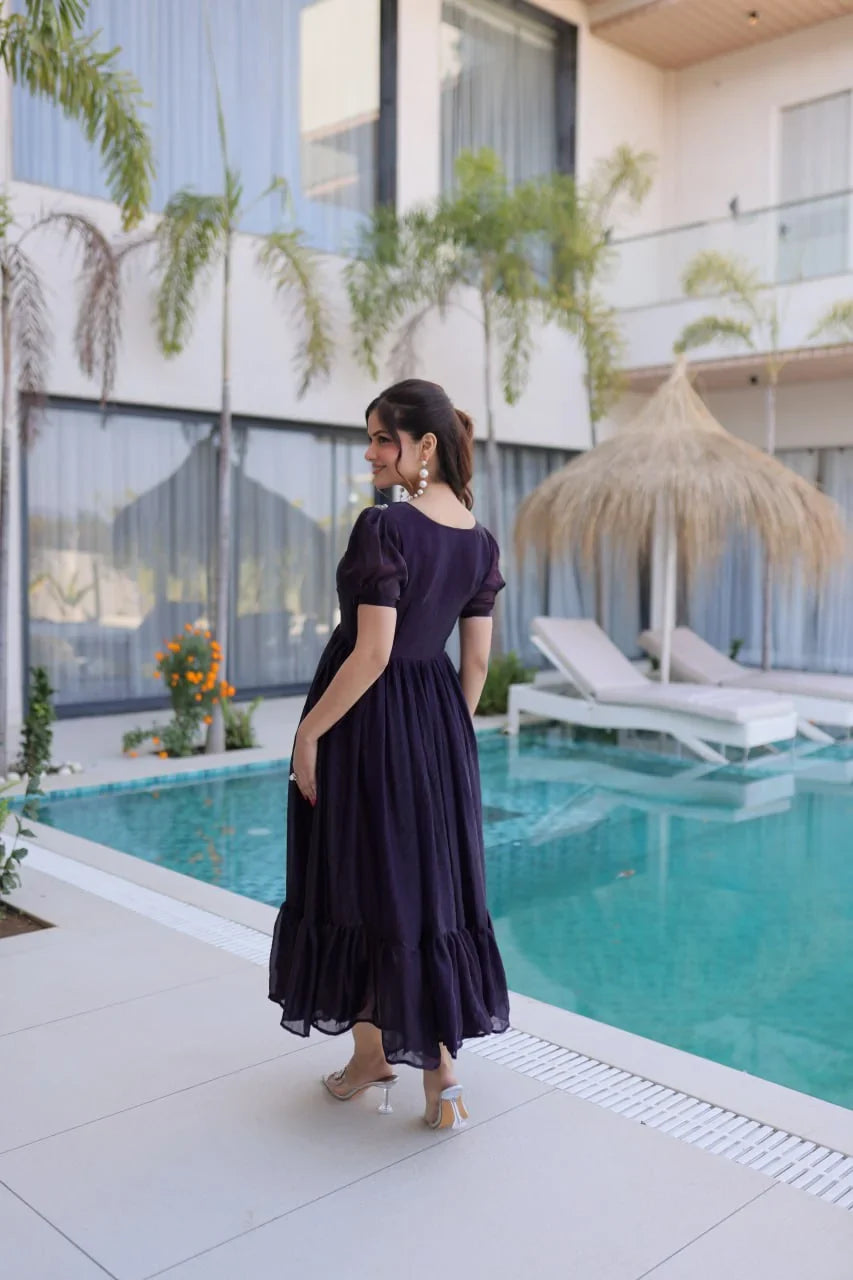 Puff Sleeve Gown with Ruffle Hem – Pearl Bead Flowers