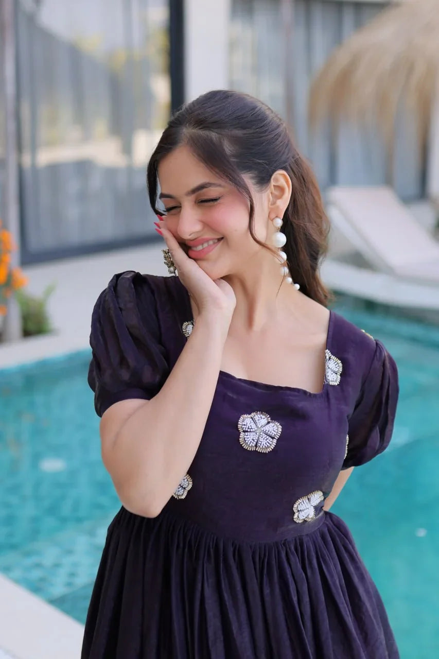 Puff Sleeve Gown with Ruffle Hem – Pearl Bead Flowers