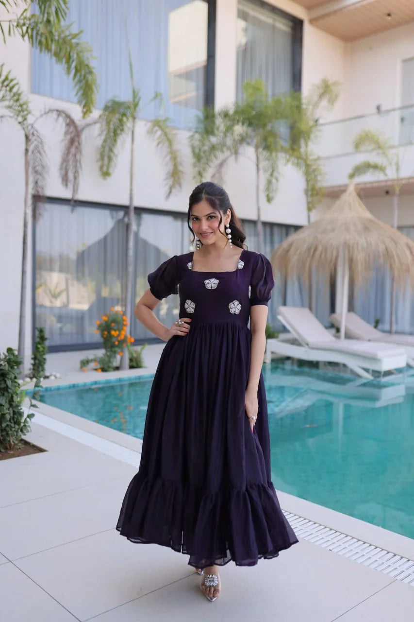 Puff Sleeve Gown with Ruffle Hem – Pearl Bead Flowers