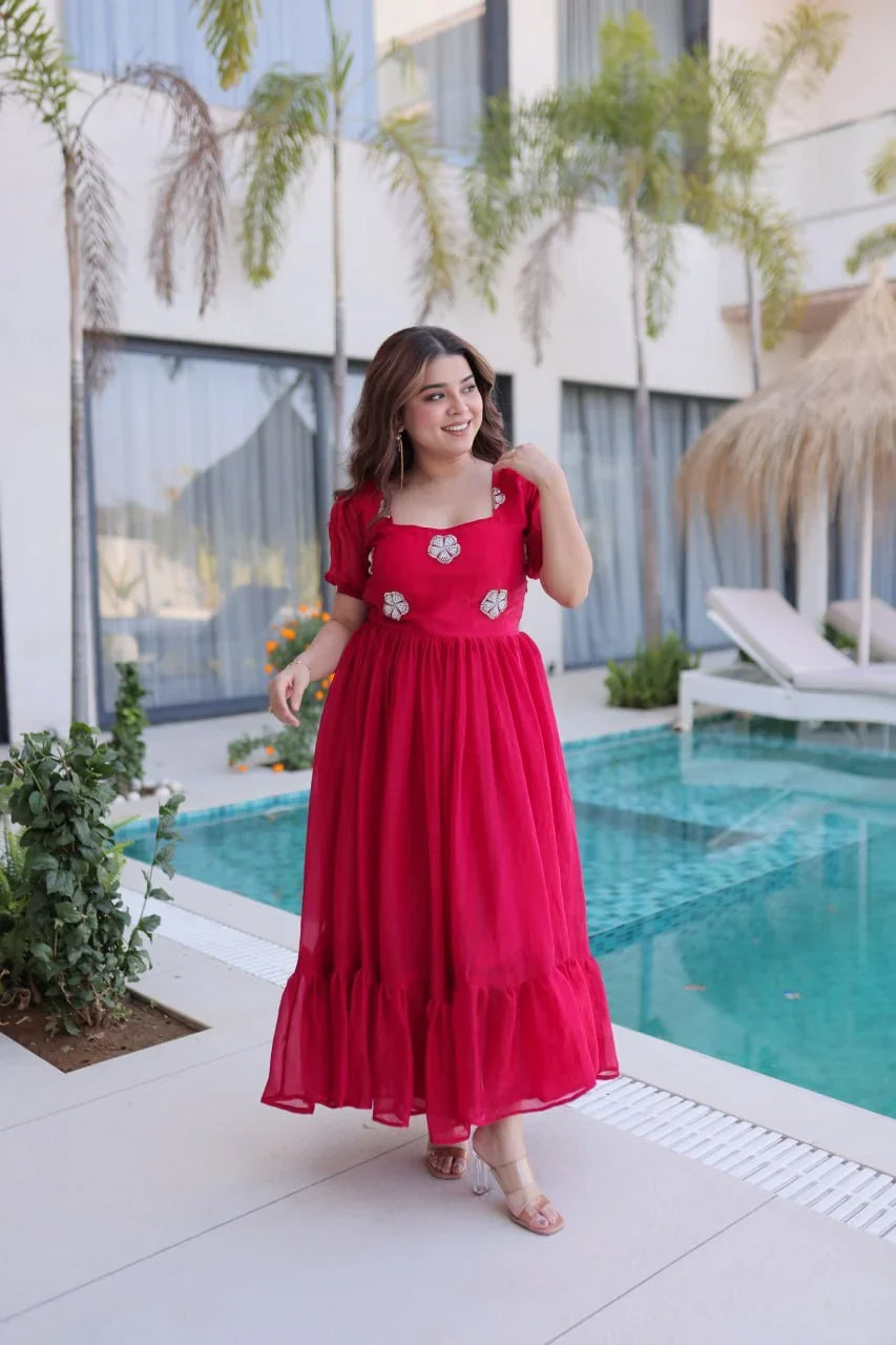 Puff Sleeve Gown with Ruffle Hem – Pearl Bead Flowers