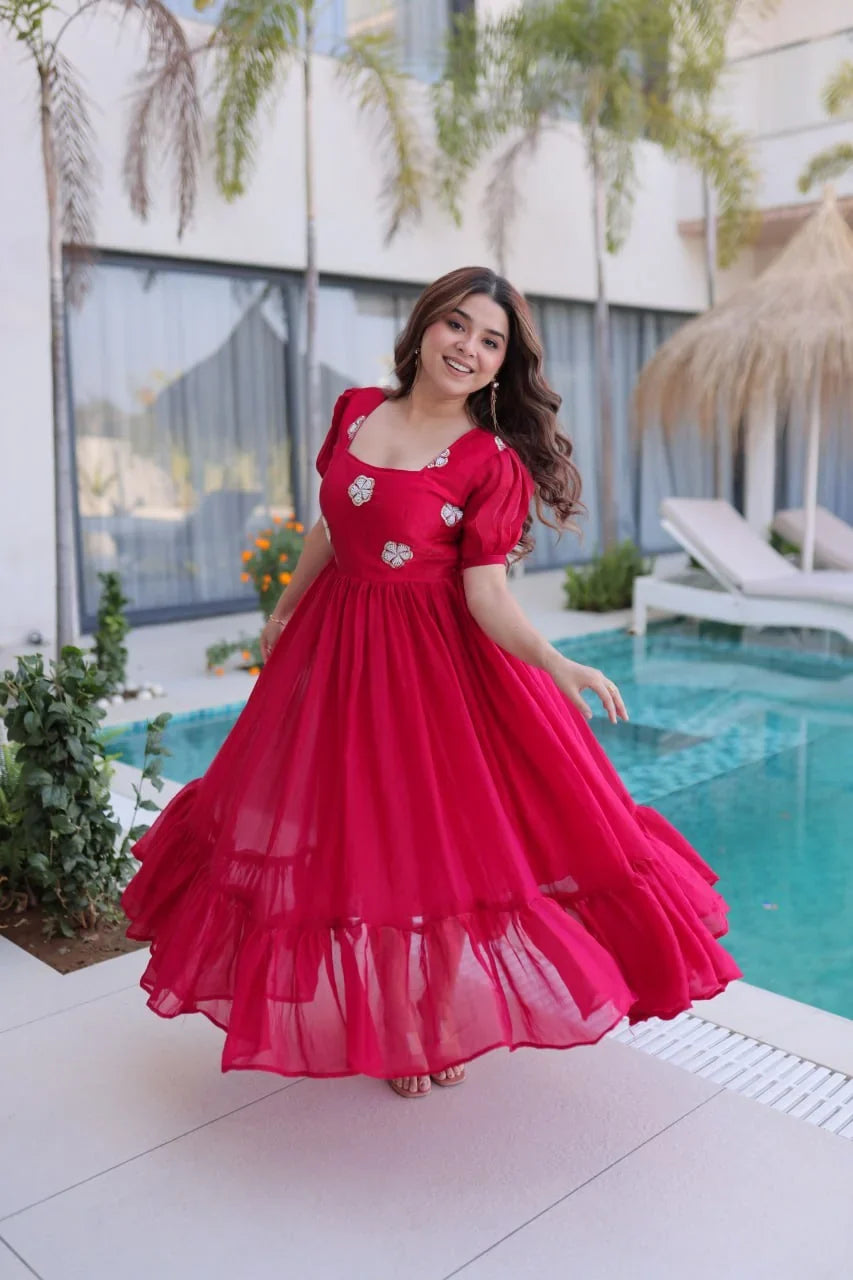 Puff Sleeve Gown with Ruffle Hem – Pearl Bead Flowers