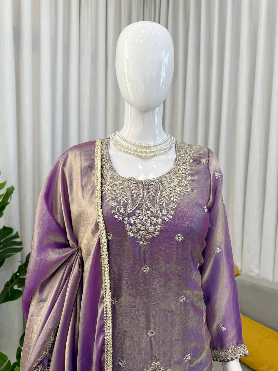 Lavender Purple Embroidered Kurta Palazzo Set with Dupatta – Festive & Wedding Wear for Women