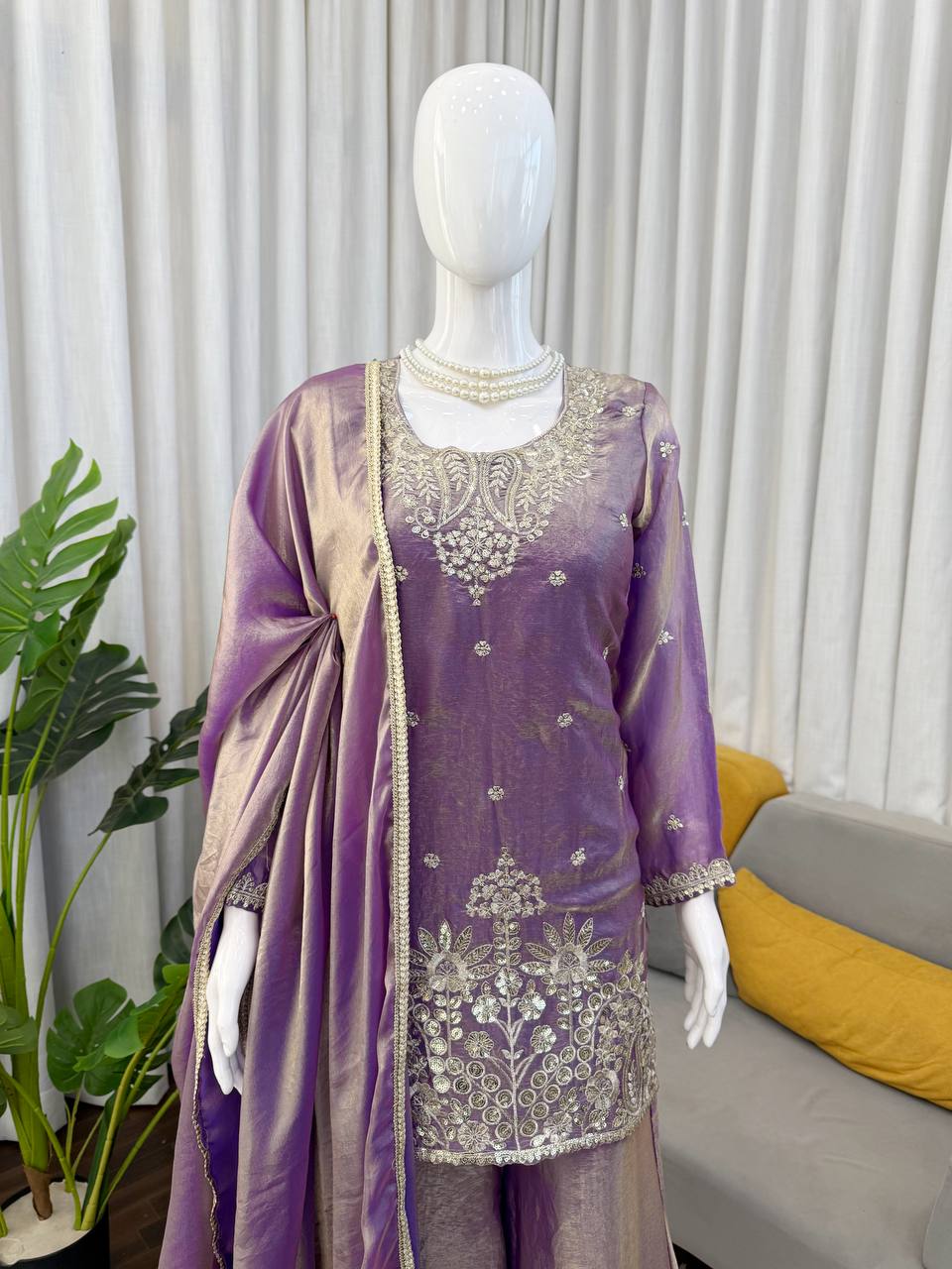 Lavender Purple Embroidered Kurta Palazzo Set with Dupatta – Festive & Wedding Wear for Women