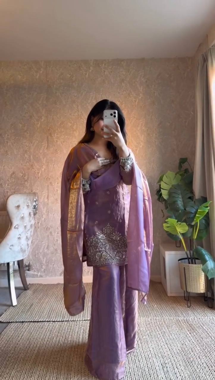 Lavender Purple Embroidered Kurta Palazzo Set with Dupatta – Festive & Wedding Wear for Women