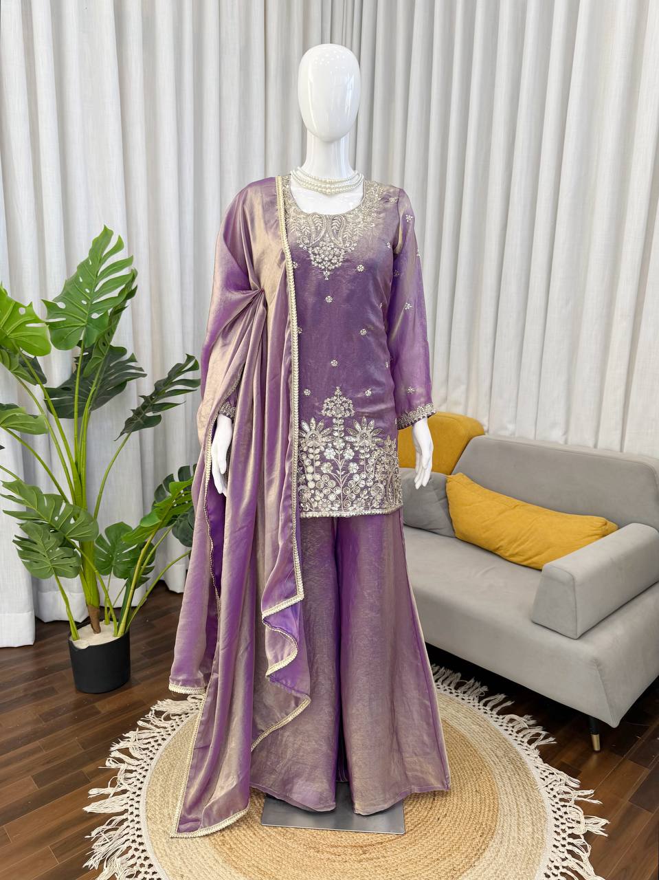Lavender Purple Embroidered Kurta Palazzo Set with Dupatta – Festive & Wedding Wear for Women