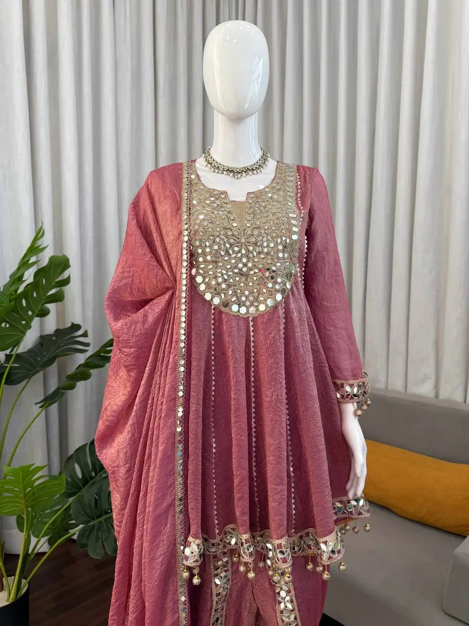 Mauve Pink Mirror Work Kurta Dhoti Set