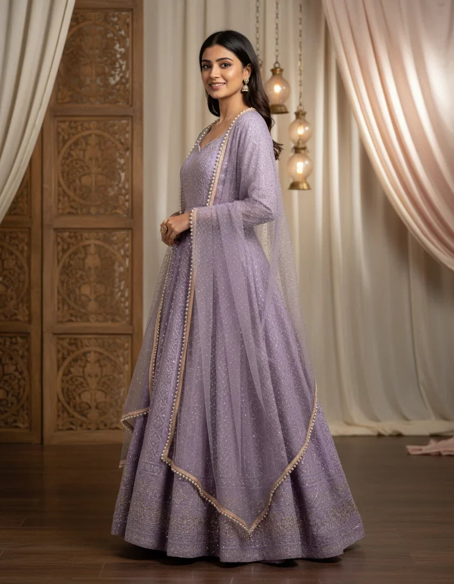 Sequin Georgette Anarkali Gown with Dupatta
