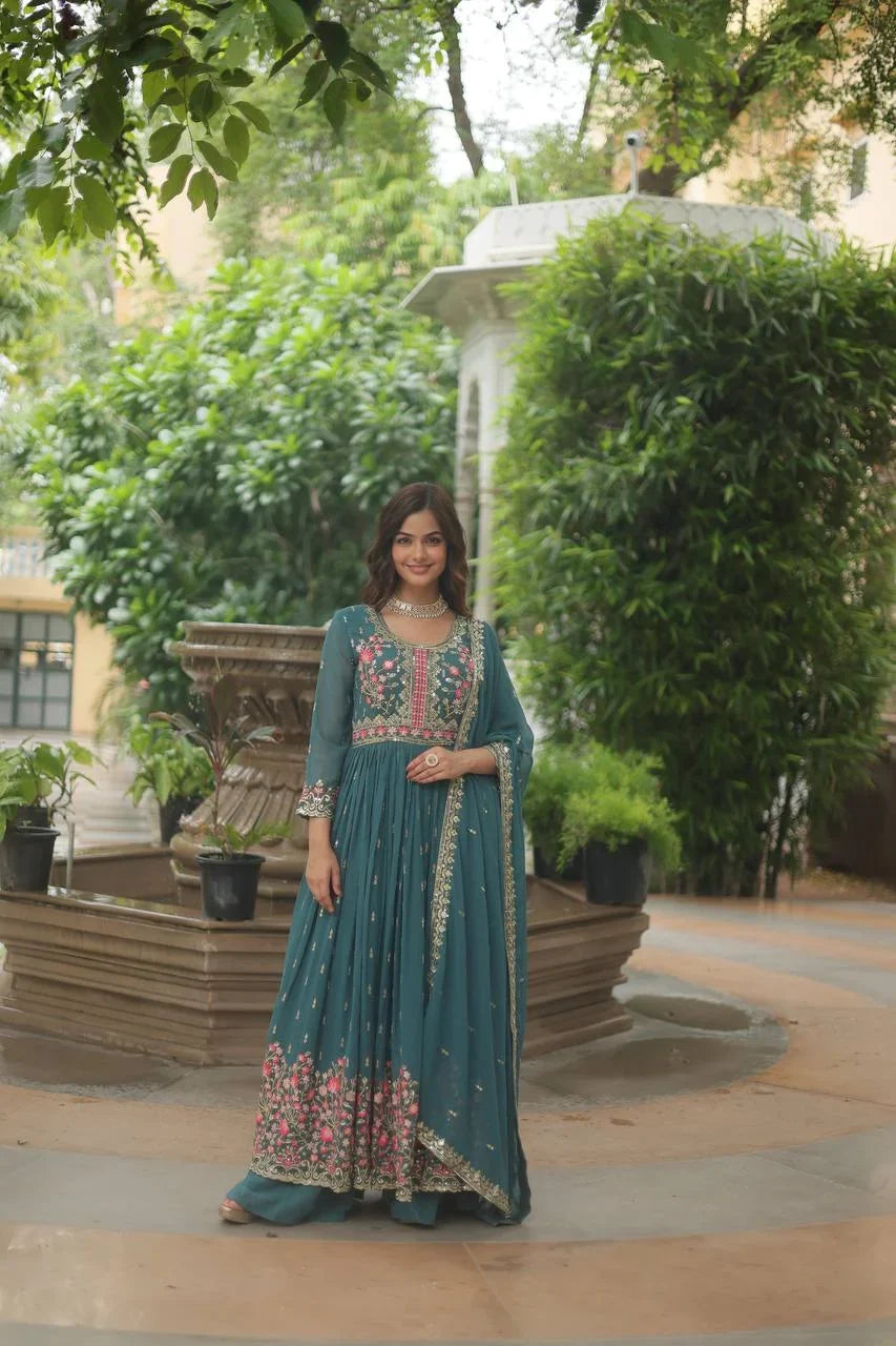 Embroidered Georgette Sharara Set for Women with Dupatta