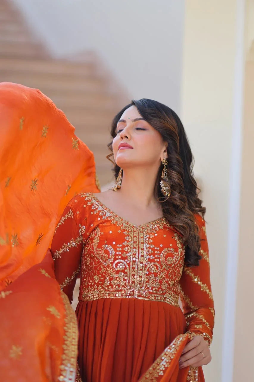 Embroidered Silk Gown with Dupatta – Zari & Sequin Work