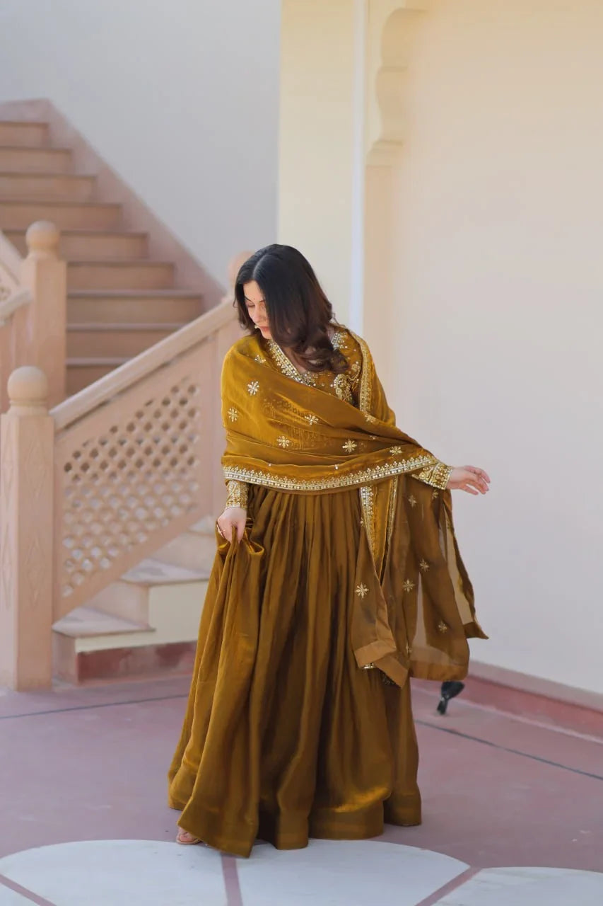 Embroidered Silk Gown with Dupatta – Zari & Sequin Work
