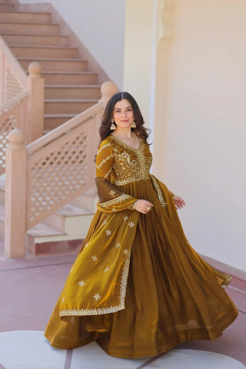 Embroidered Silk Gown with Dupatta – Zari & Sequin Work