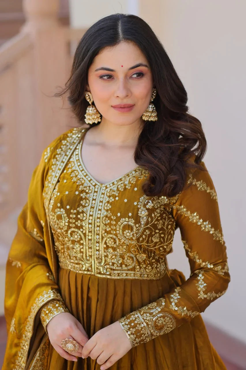 Embroidered Silk Gown with Dupatta – Zari & Sequin Work
