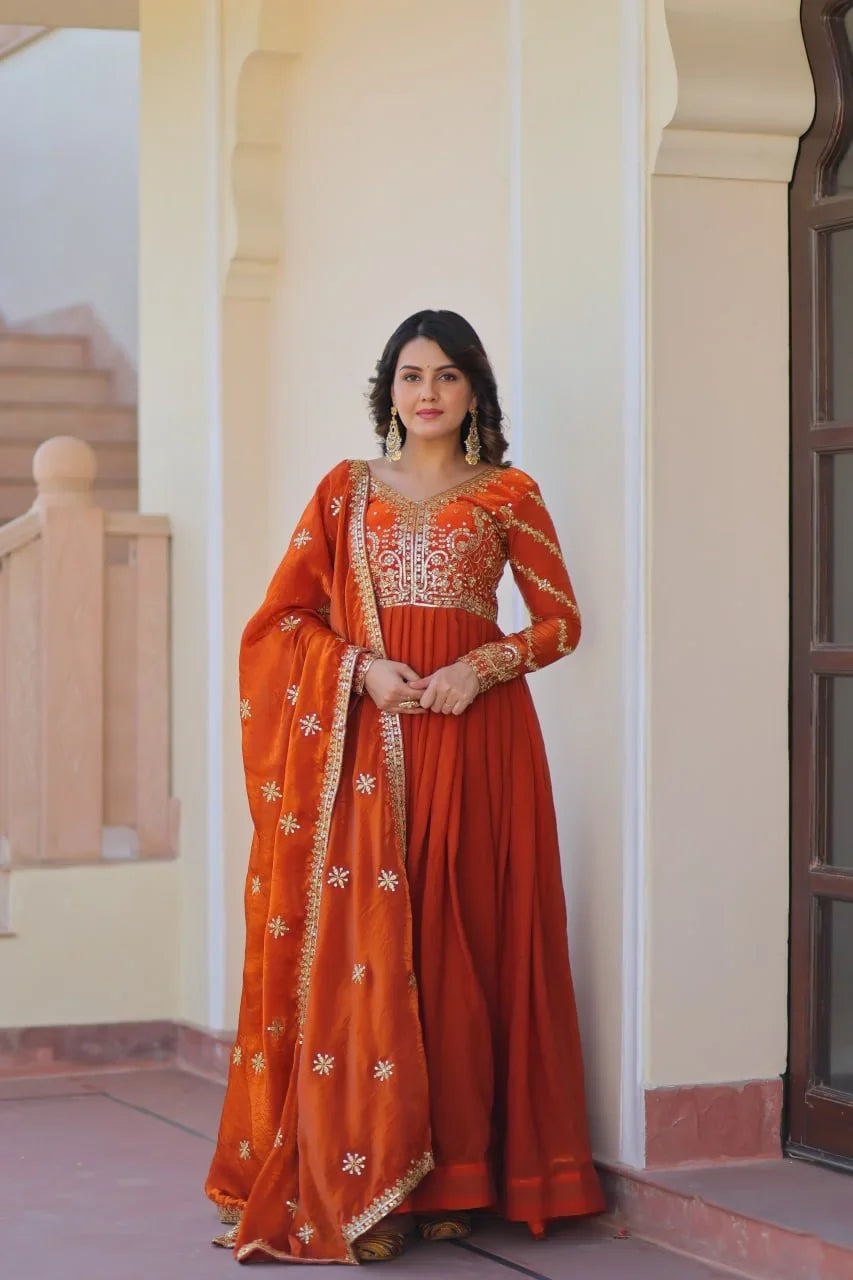 Embroidered Silk Gown with Dupatta – Zari & Sequin Work