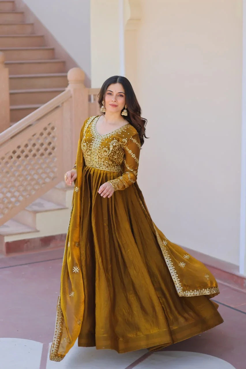 Embroidered Silk Gown with Dupatta – Zari & Sequin Work
