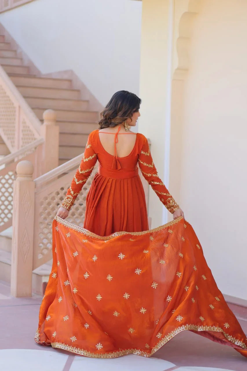 Embroidered Silk Gown with Dupatta – Zari & Sequin Work