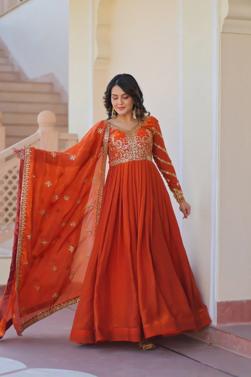 Embroidered Silk Gown with Dupatta – Zari & Sequin Work