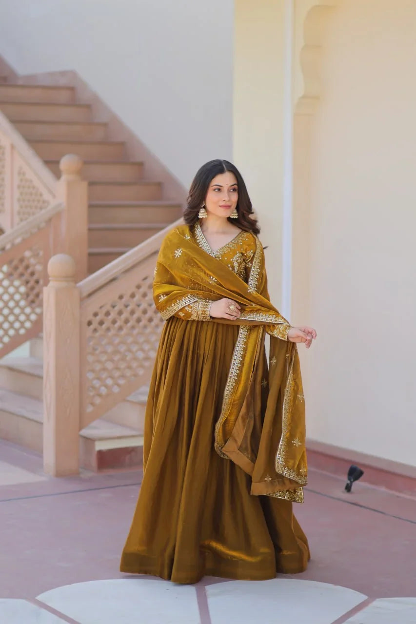 Embroidered Silk Gown with Dupatta – Zari & Sequin Work