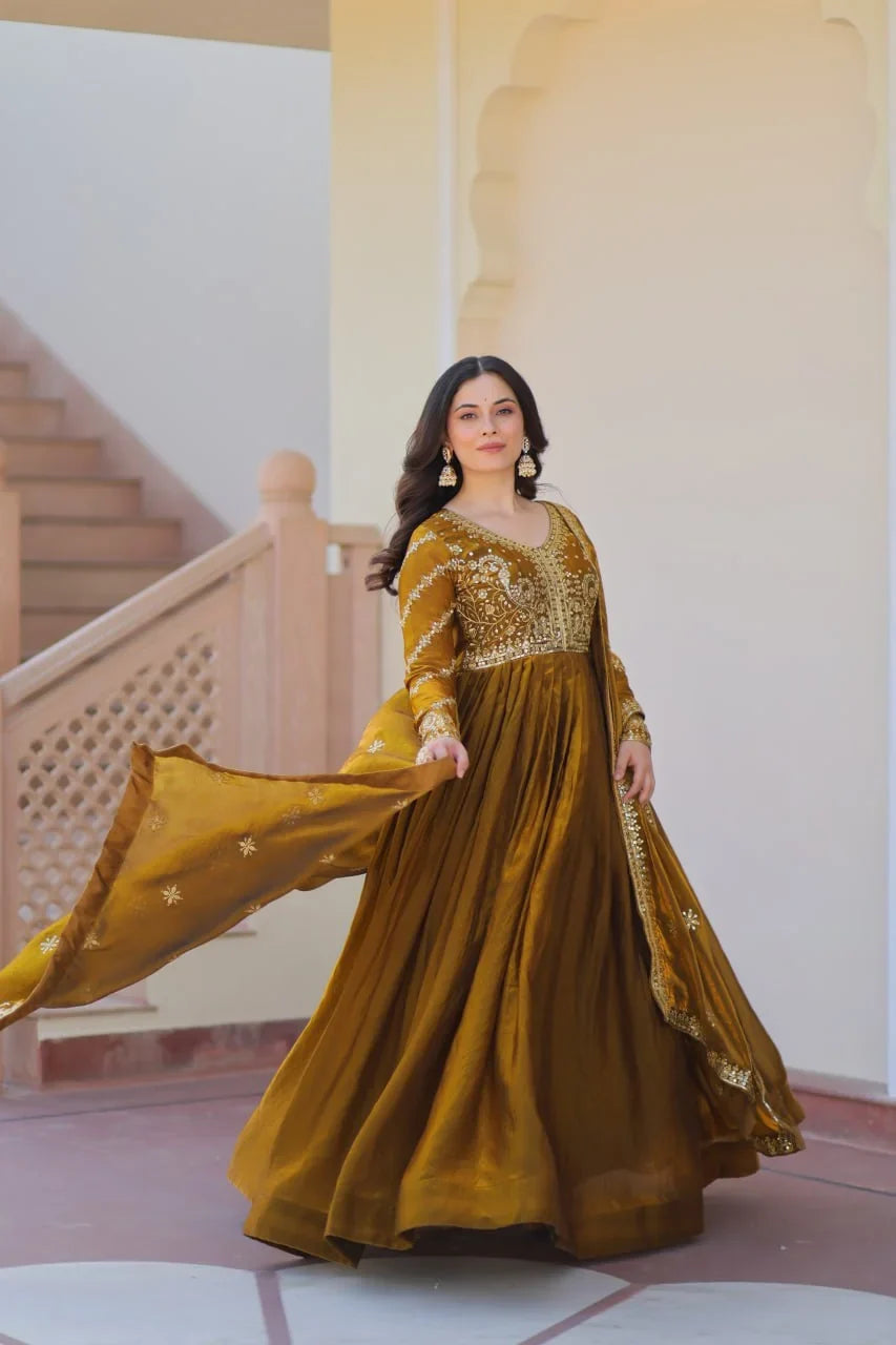 Embroidered Silk Gown with Dupatta – Zari & Sequin Work