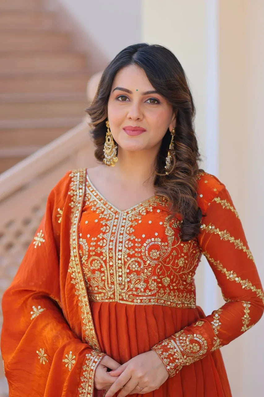 Embroidered Silk Gown with Dupatta – Zari & Sequin Work
