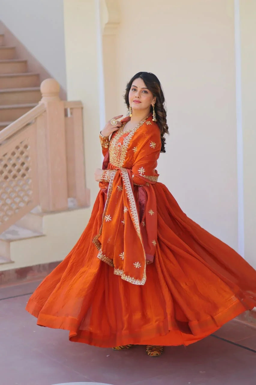 Embroidered Silk Gown with Dupatta – Zari & Sequin Work