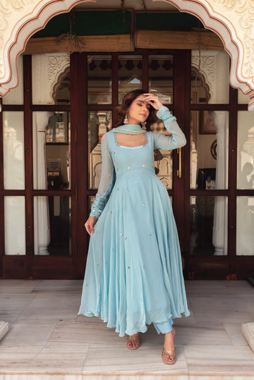 Sky Blue Mirror Work Anarkali Set