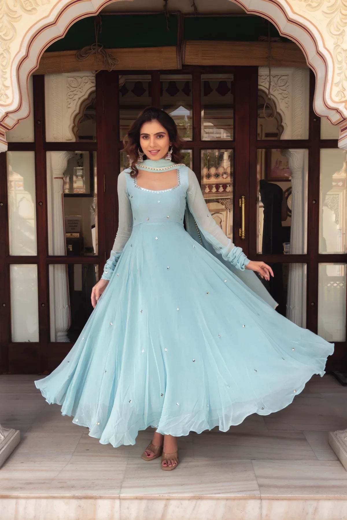 Sky Blue Mirror Work Anarkali Set