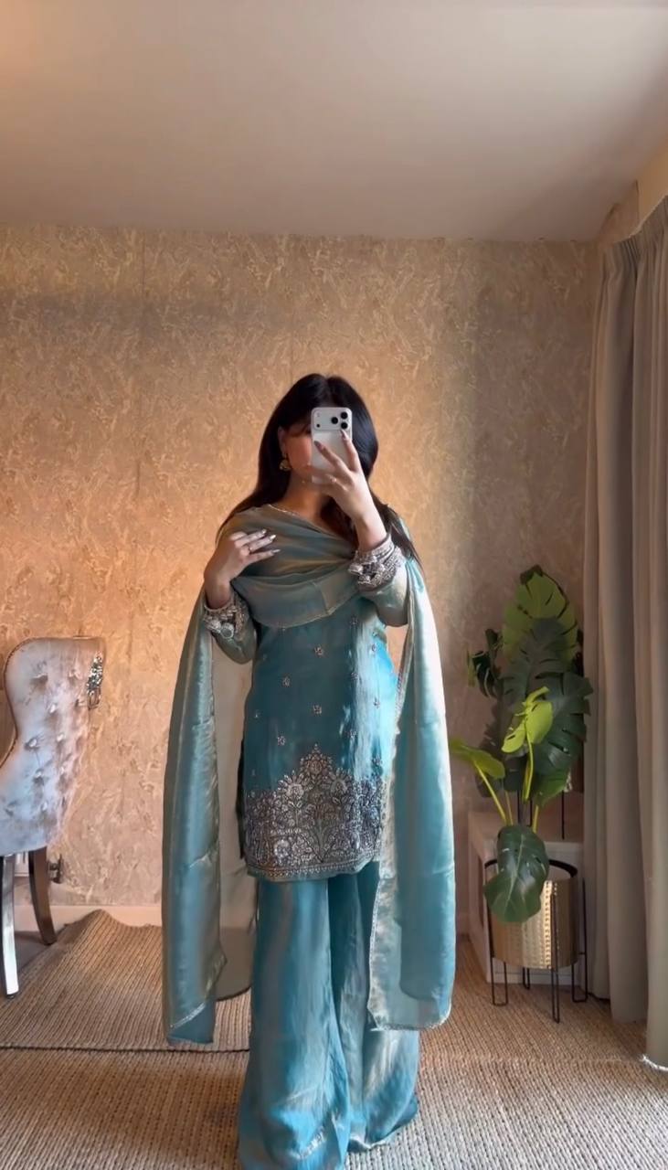 Teal Green Embroidered Palazzo Set