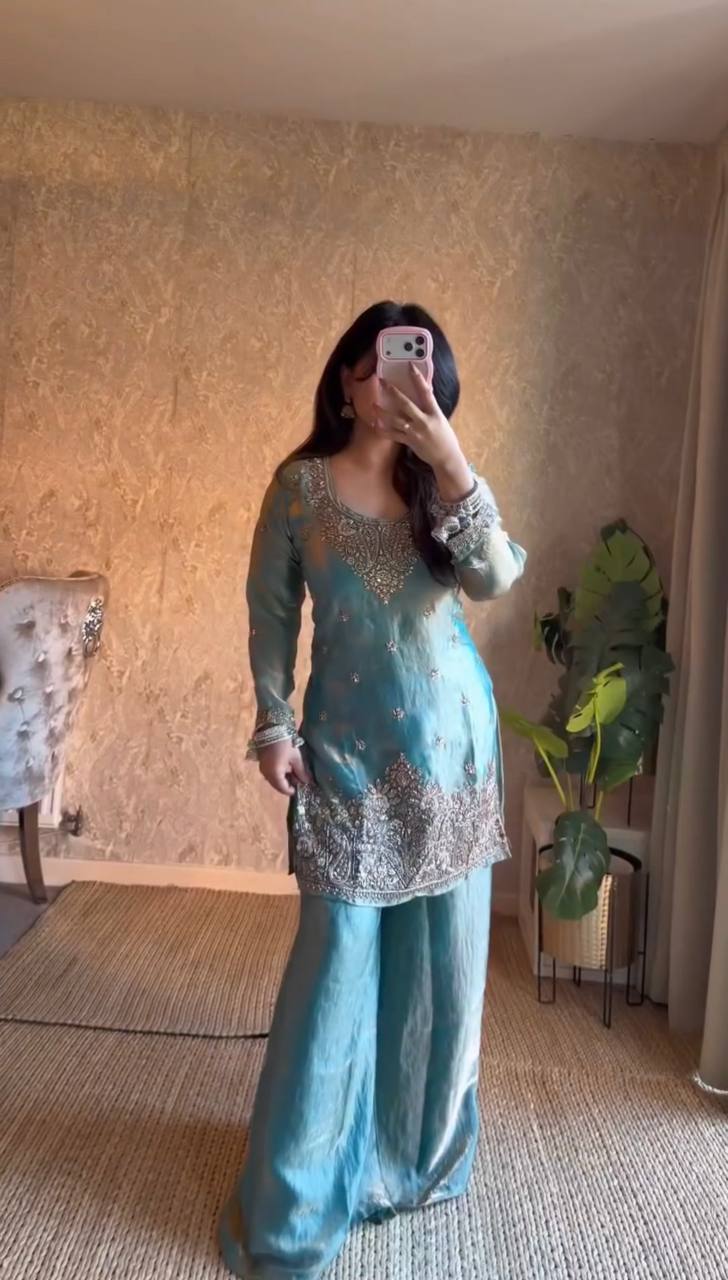 Teal Green Embroidered Palazzo Set