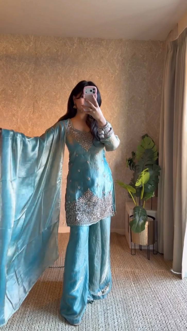 Teal Green Embroidered Palazzo Set