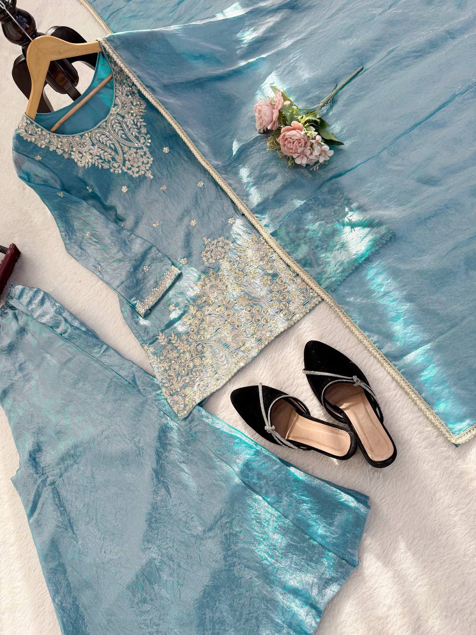 Teal Green Embroidered Palazzo Set