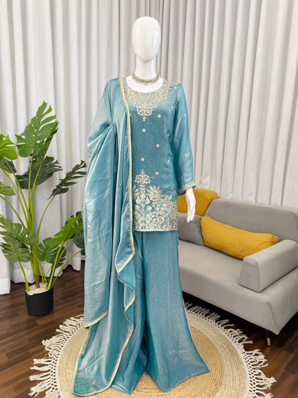 Teal Green Embroidered Palazzo Set