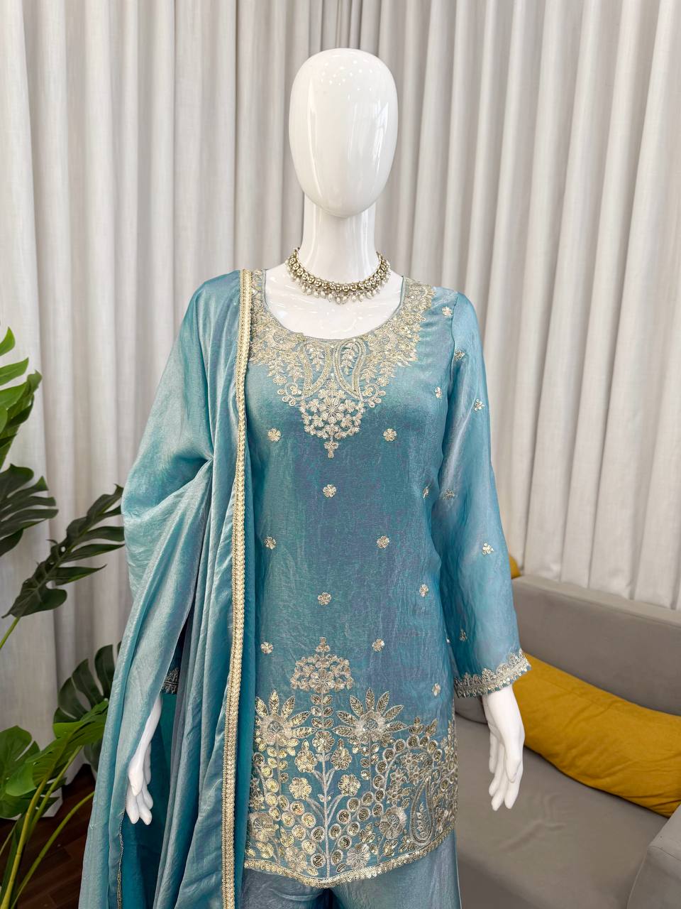 Teal Green Embroidered Palazzo Set