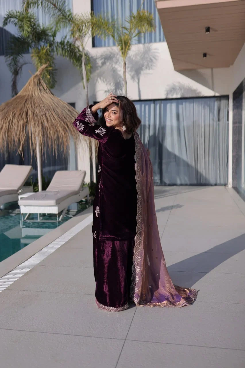 Wine Velvet Zari Palazzo Set