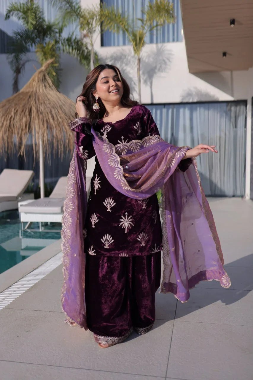 Wine Velvet Zari Palazzo Set