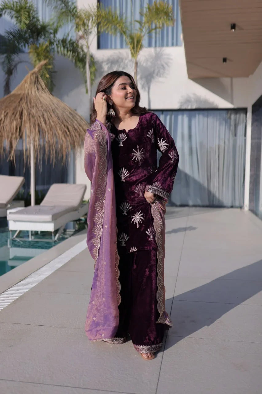 Wine Velvet Zari Palazzo Set