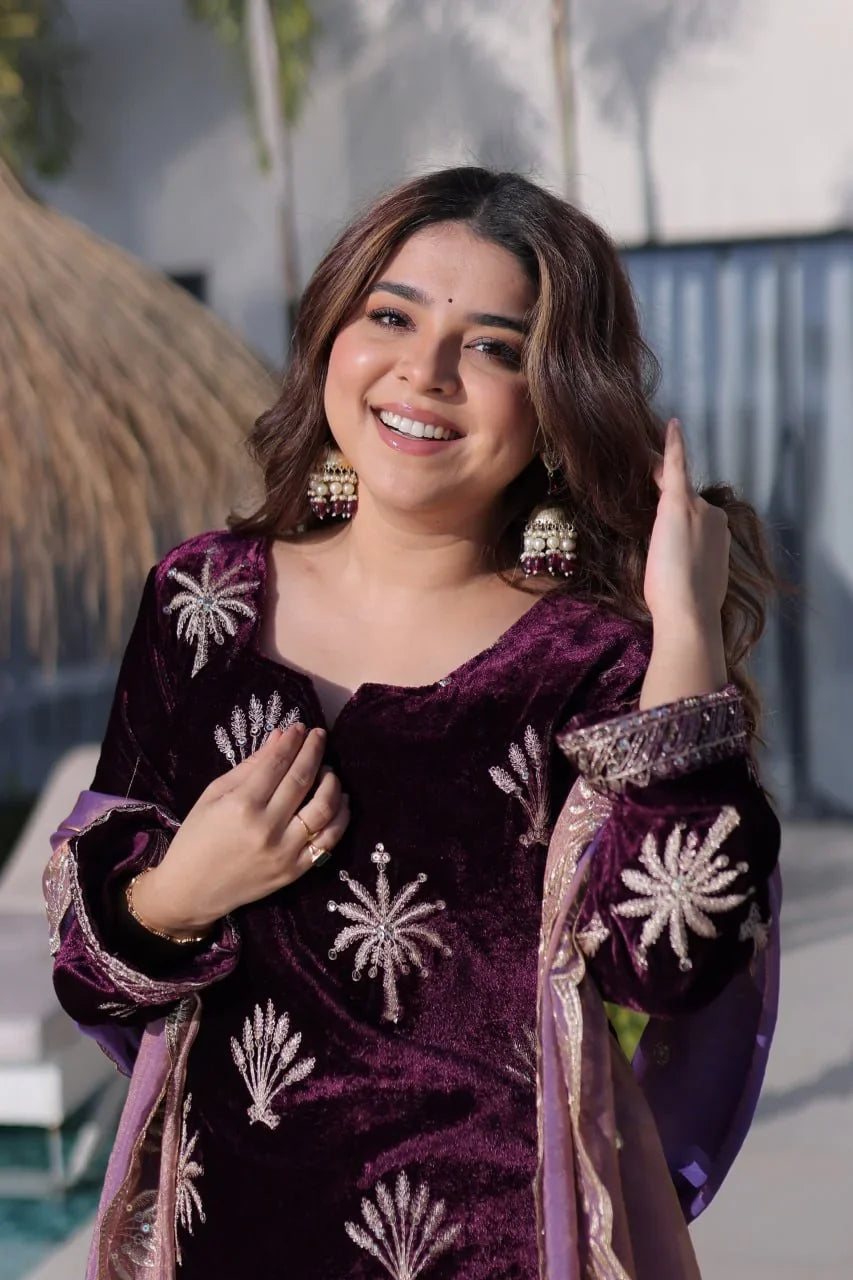 Wine Velvet Zari Palazzo Set