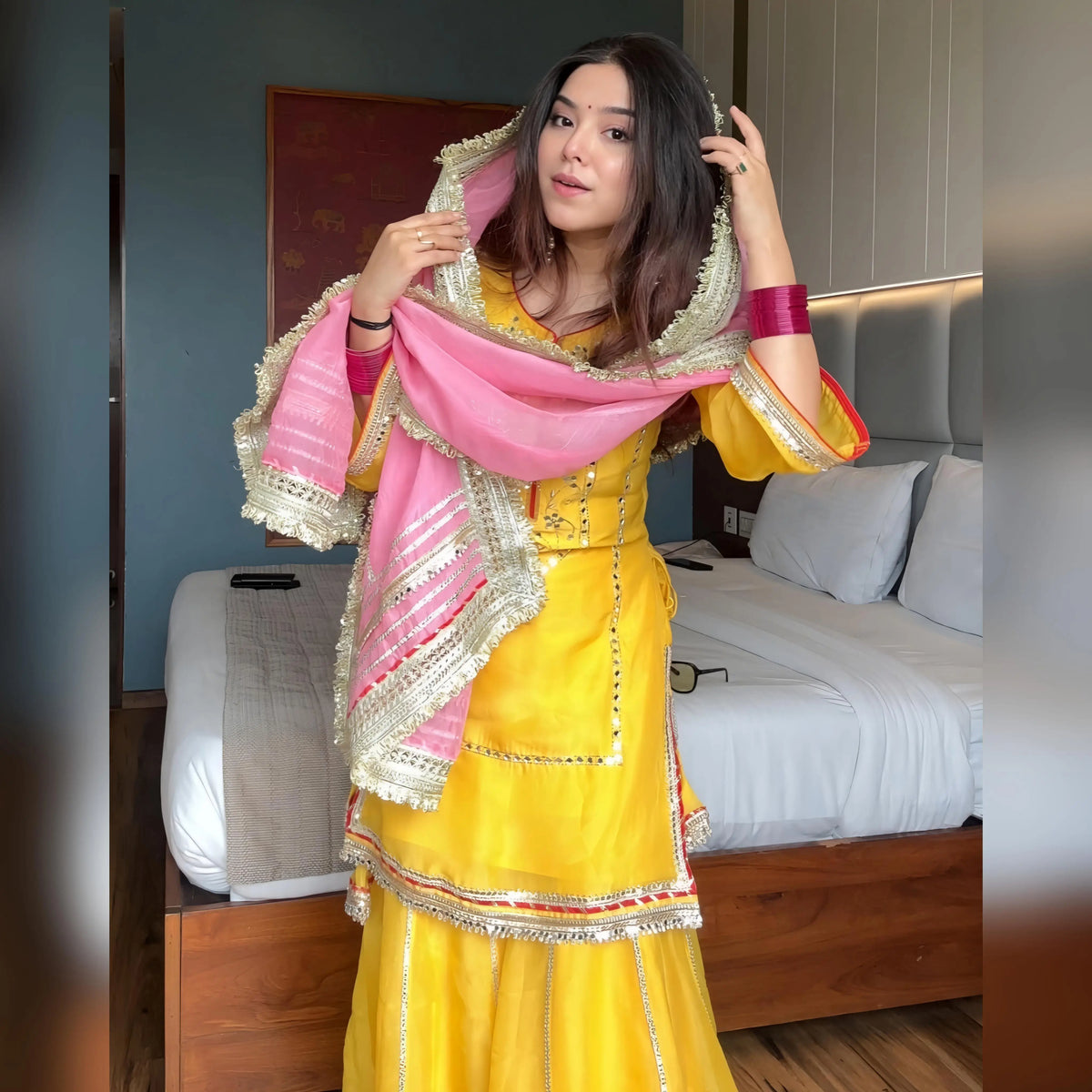 Yellow Chinon Mirror Work Sharara Set