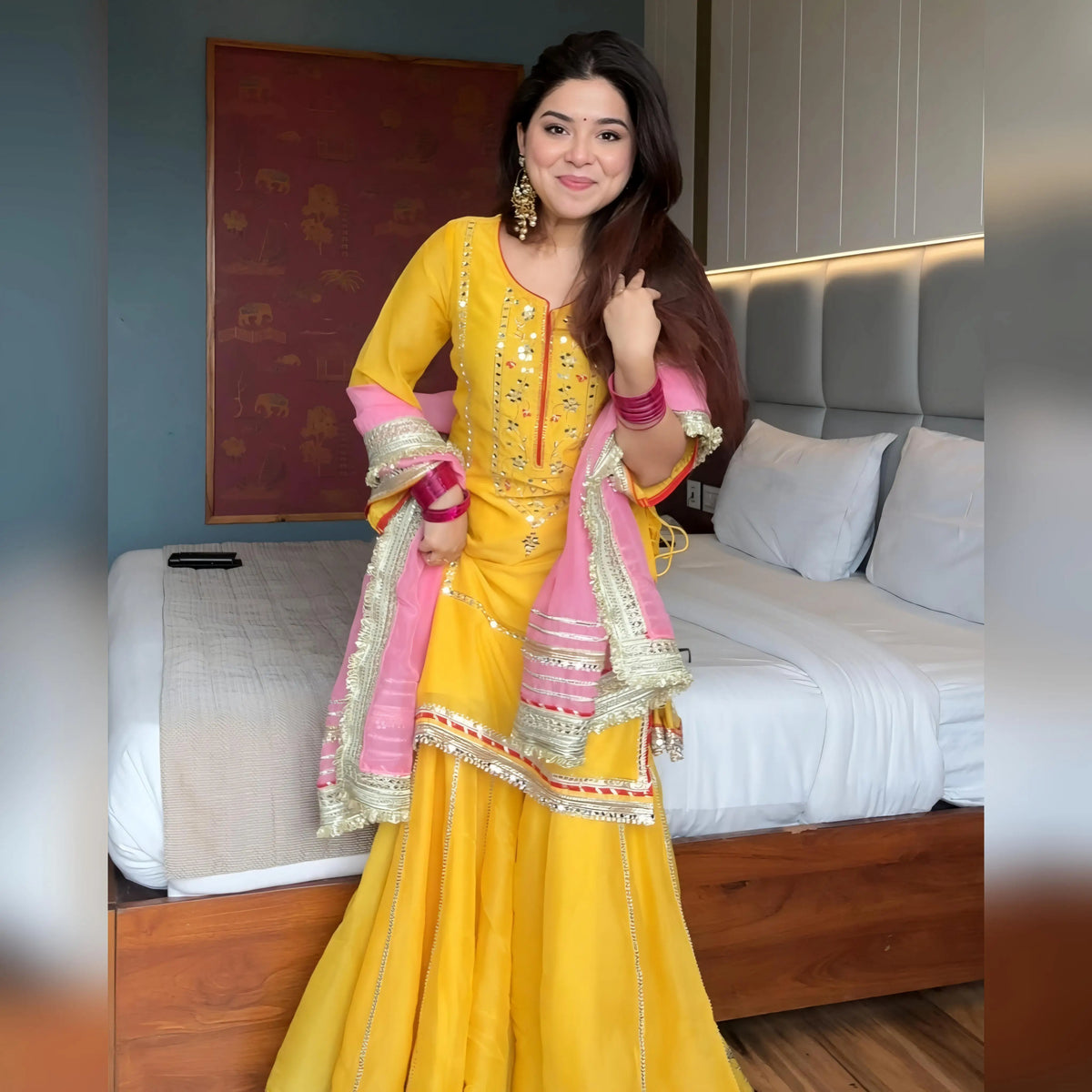 Yellow Chinon Mirror Work Sharara Set
