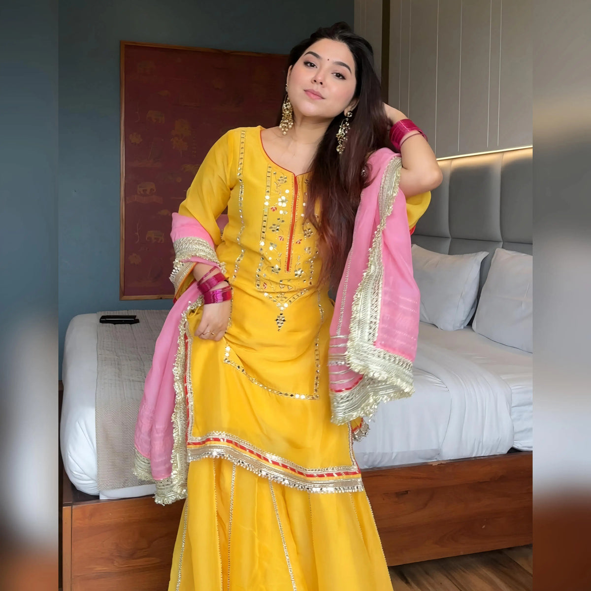 Yellow Chinon Mirror Work Sharara Set