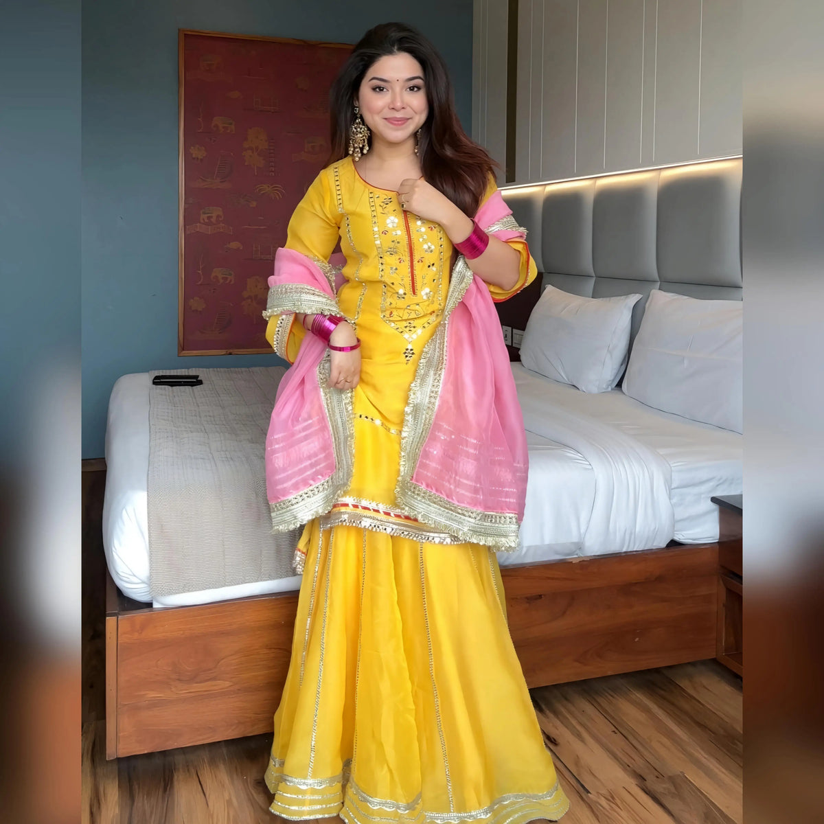 Yellow Chinon Mirror Work Sharara Set